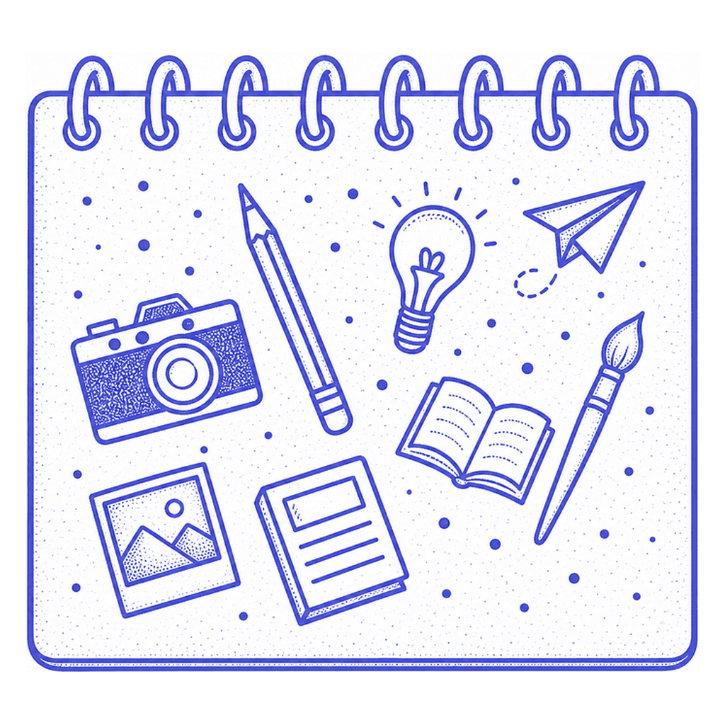 Line illustration of a notepad surrounded by a camera, a photo, a recipe book and a lightbulb.
