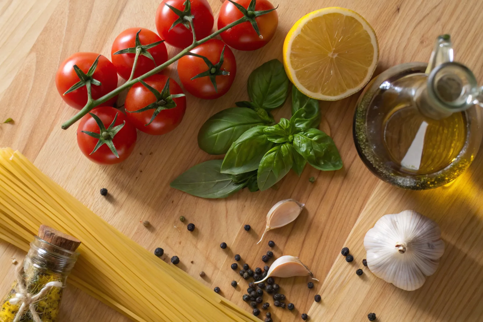 A flat lay of fresh ingredients: pasta, tomatoes, lemon, basil, blueberries and olive oil on a light worktop.