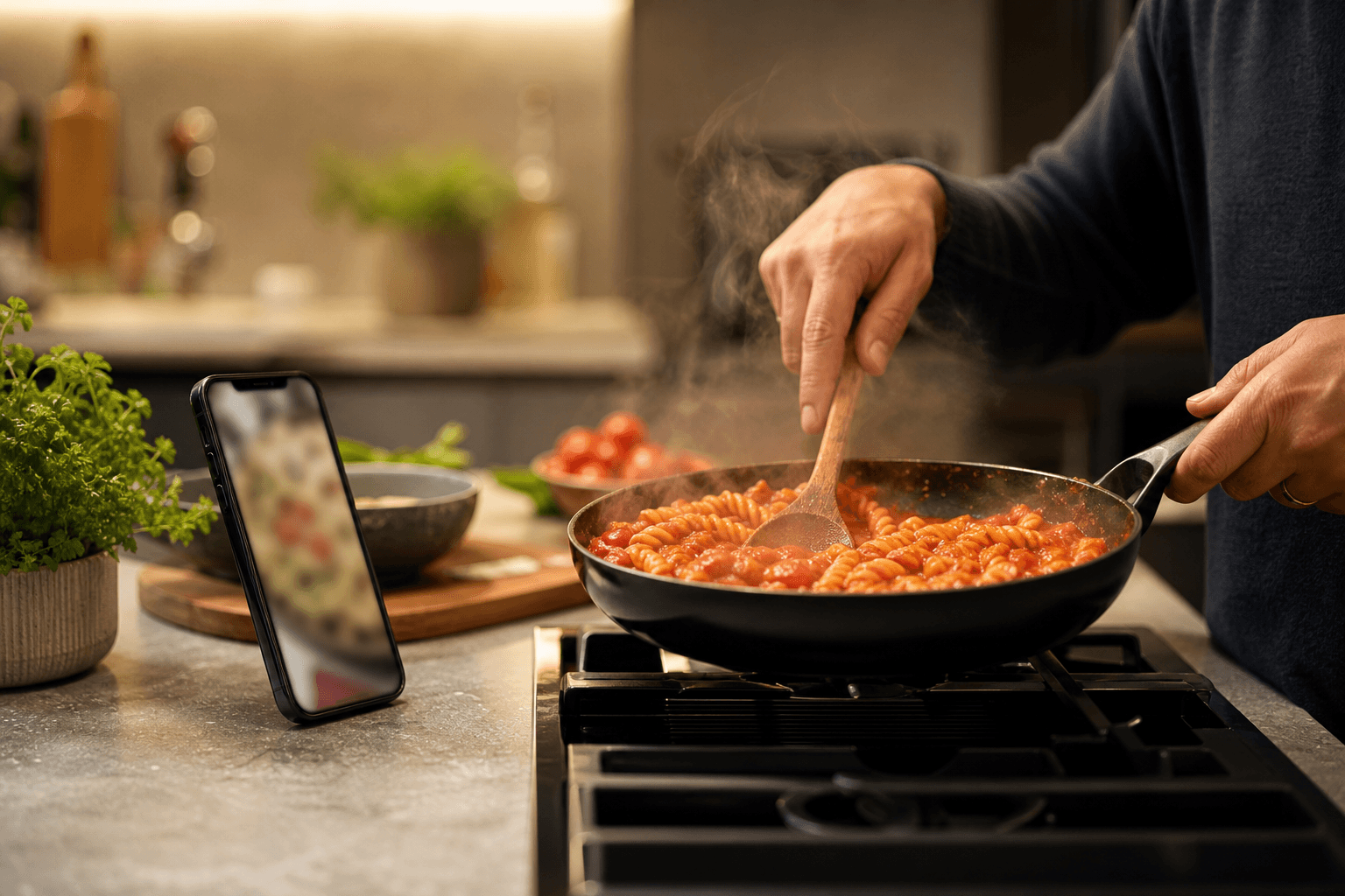 Someone stirring a pan of tomato sauce on the hob with a phone showing the recipe beside them.