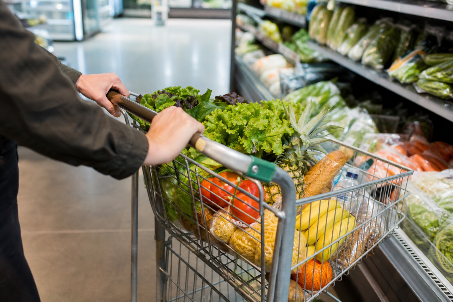 A shopper pushing a trolley full of fresh fruit and vegetables down a supermarket aisle.