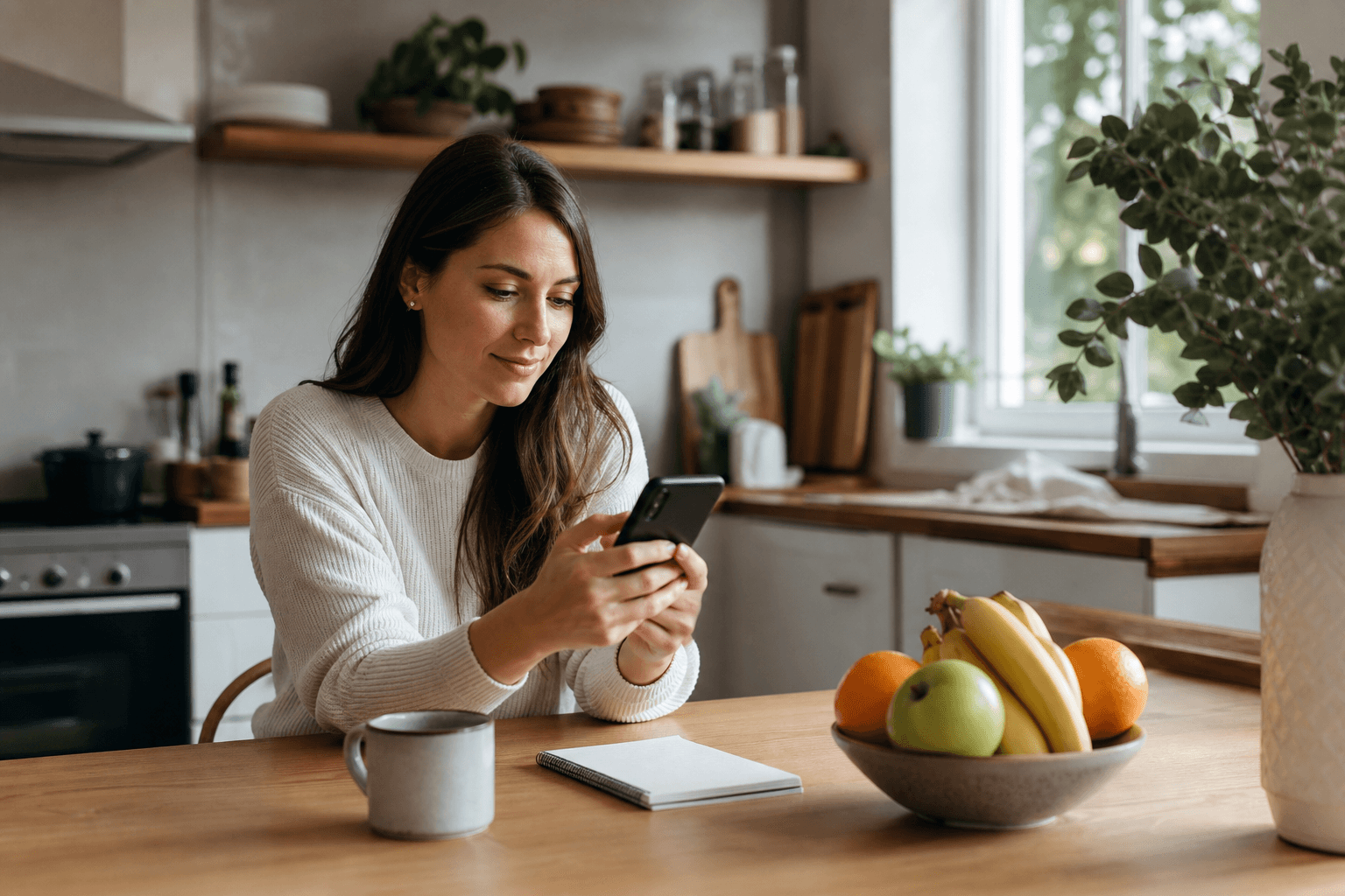 A woman at a kitchen table planning meals on her phone with a coffee and a bowl of fruit.